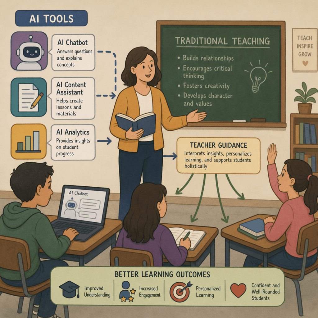 Illustration showing the interaction between AI tools and traditional teaching