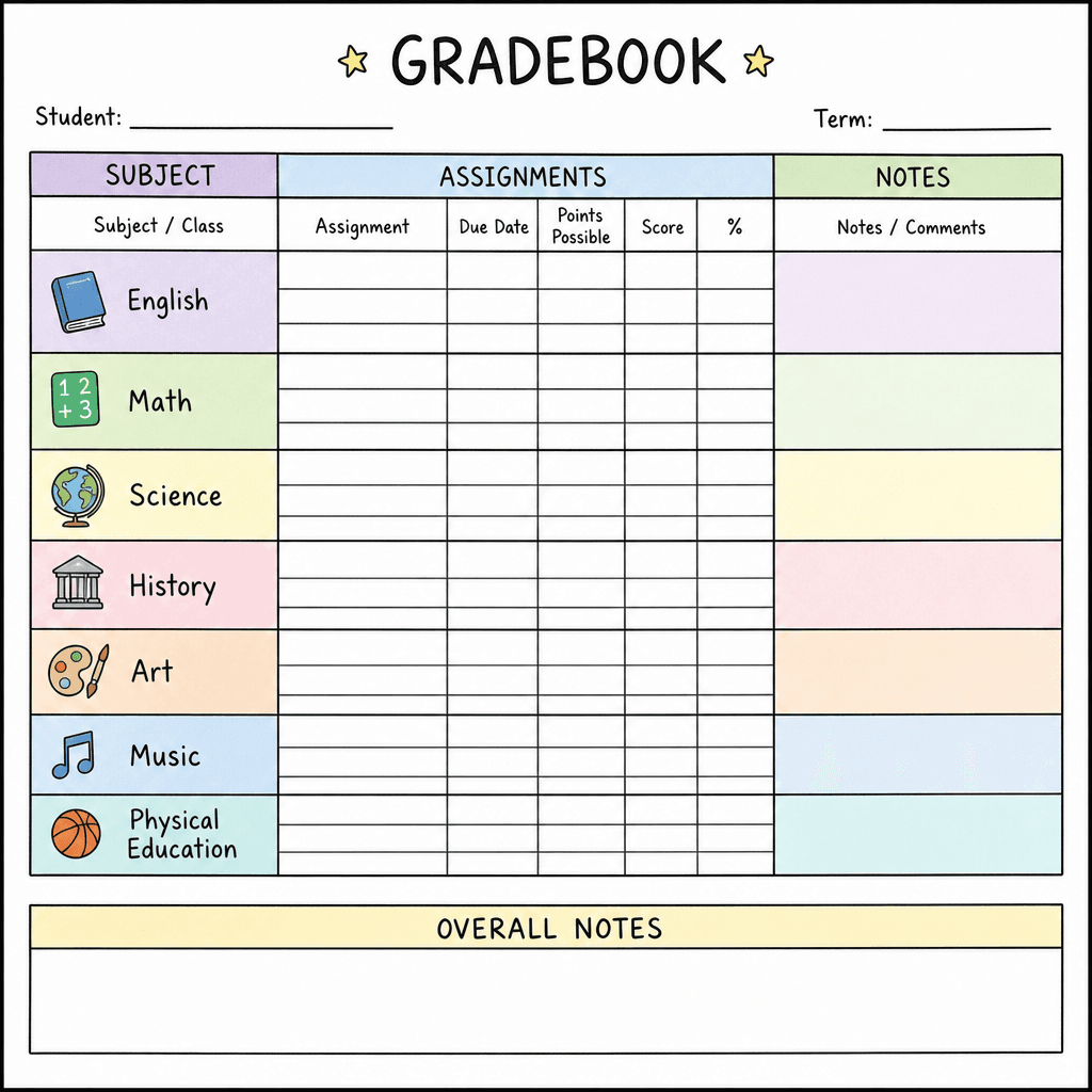 A printable homeschool gradebook template with columns for subjects, assignments, scores, and notes