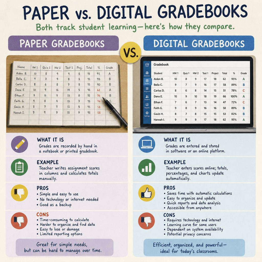 Comparison of paper and digital gradebooks: what each is, examples, pros, and cons
